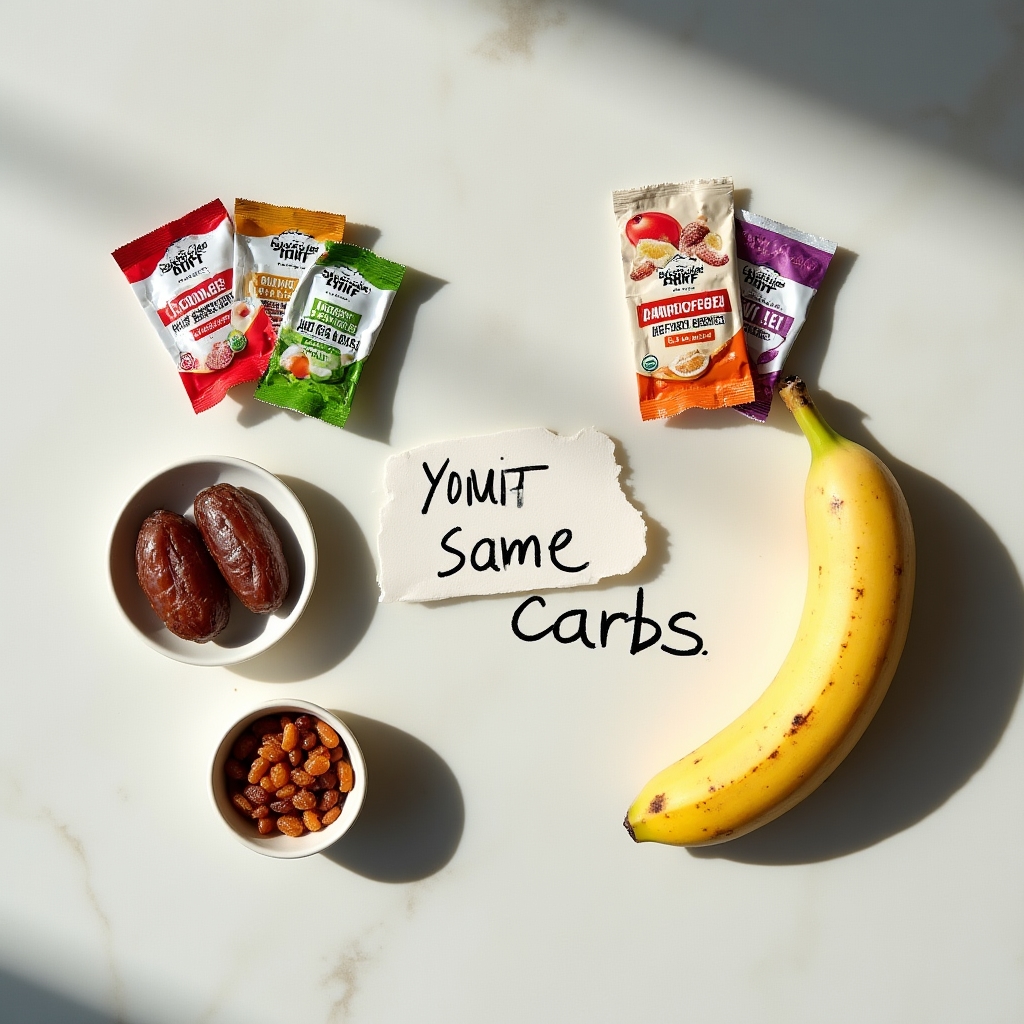 Energy gels and real food comparison on a table