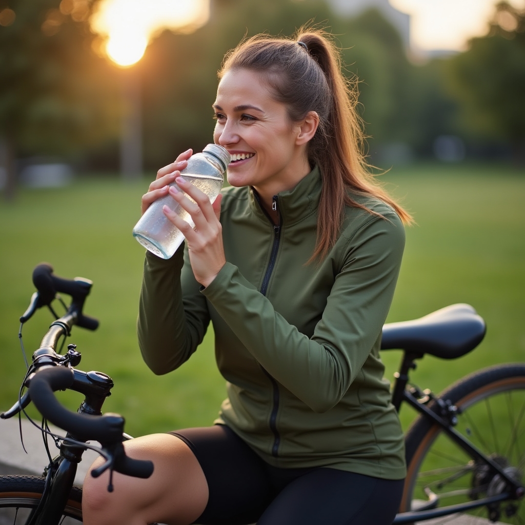 Athlete holding a water bottle after a cycling session in natural light