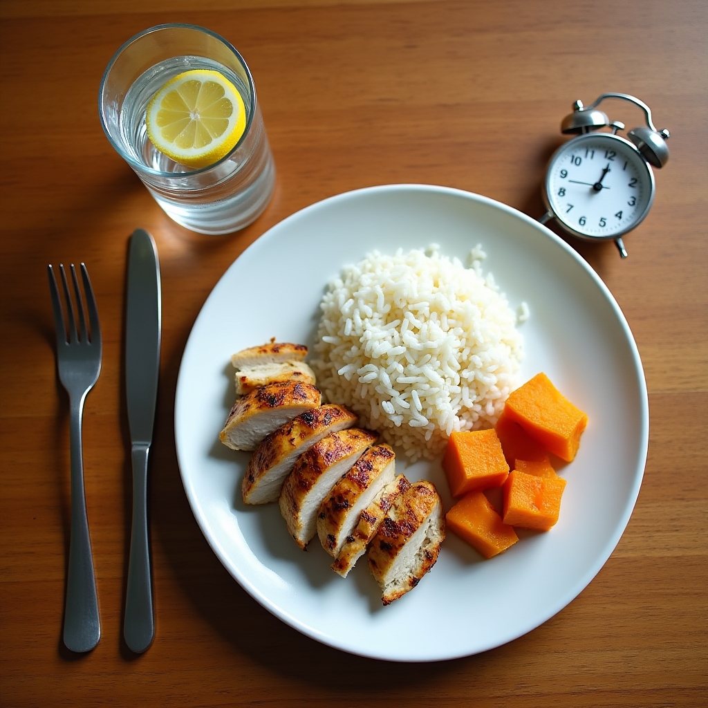 Balanced pre-exercise meal of rice and vegetables on a wooden table